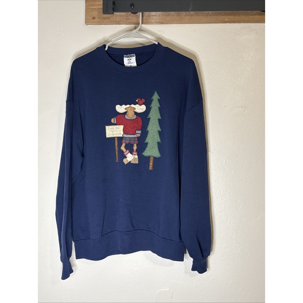 Vintage Jerzees‎ Sweatshirt Men's XL Navy Blue Good Moose Graphic NuBlend USA